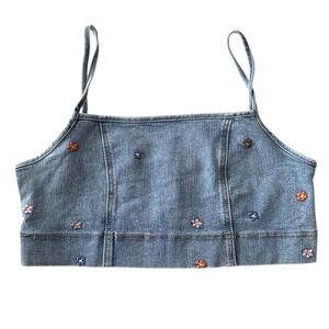 Banjara Floral Embroidered‎ Denim Crop Top Sleeveless Blue Size L Festwear Boho